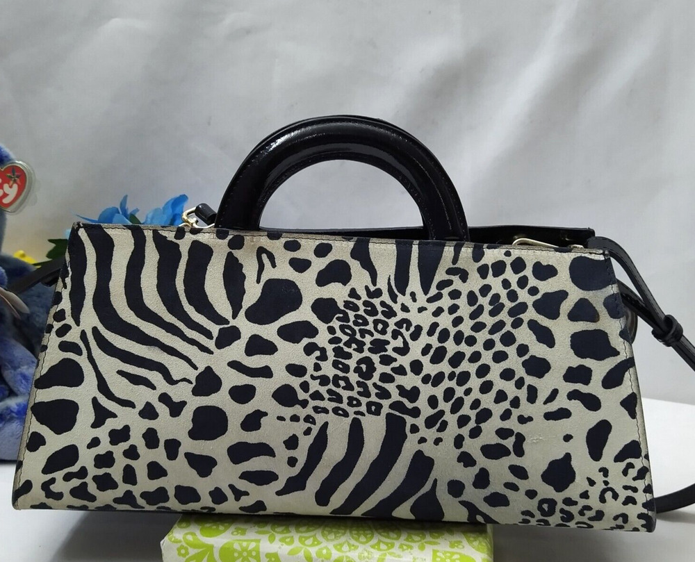 House of Harlow Black White Zebra Printed Leather Top Handle Zipper Satchel Bag